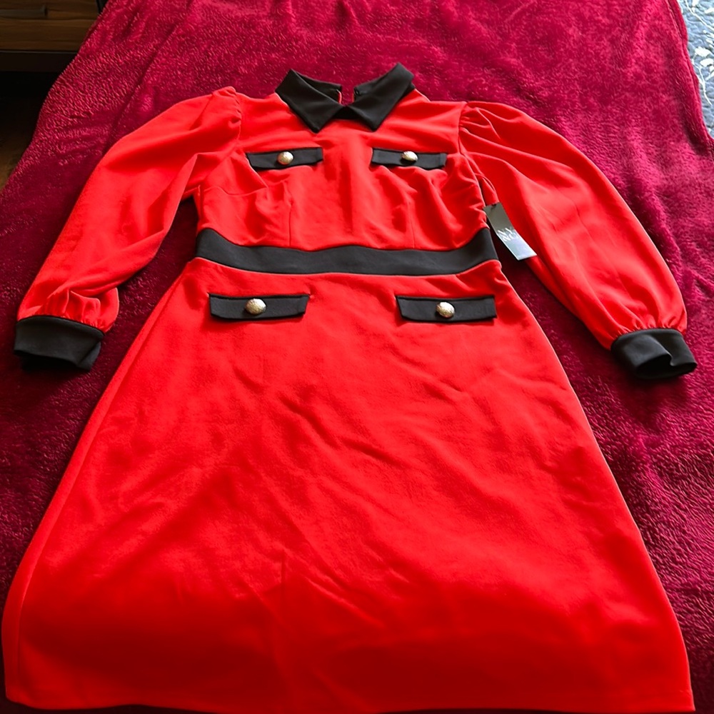 NY&C long sleeve red dress with black trim. Zipper (back) close. Size small